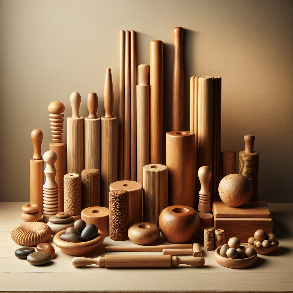 Various wooden therapy massage tools on a minimalist table.