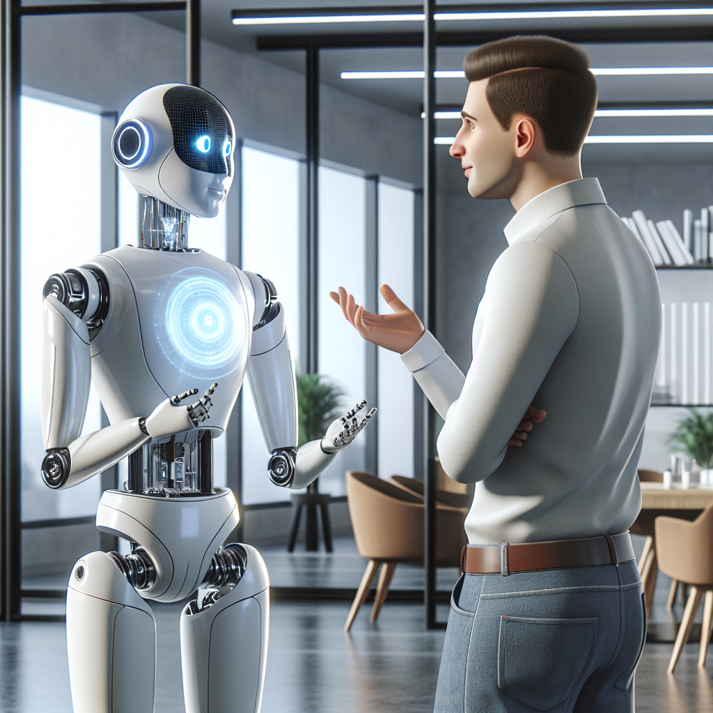 A realistic image of a humanoid robot and a human engaging in conversation in a modern, technological setting.