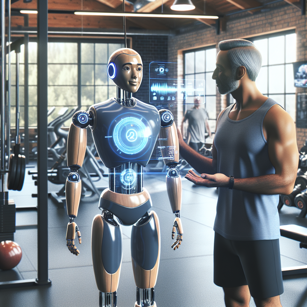 An AI chatbot fitness coach interacting with a user in a gym setting, displaying exercise stats on a holographic screen.