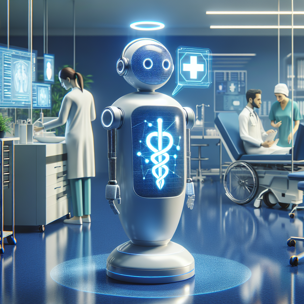 A realistic image of a healthcare AI chatbot in a clinical setting with modern design elements.