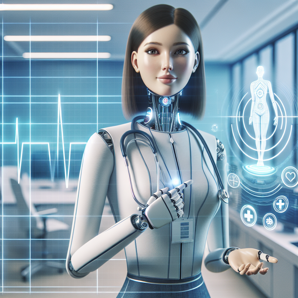 AI chatbot avatar in a healthcare setting, interacting with medical symbols and surrounded by health technology equipment.