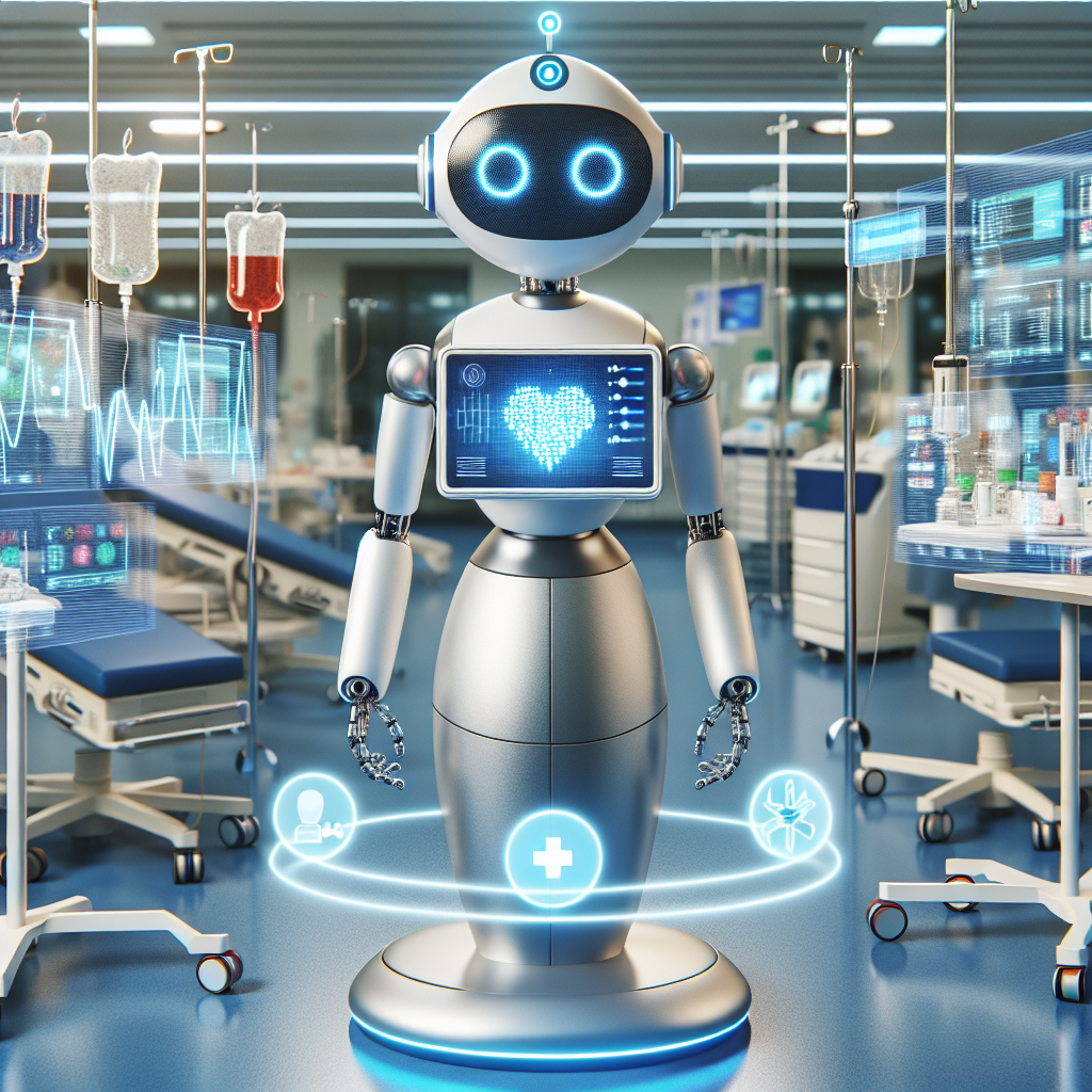 An AI chatbot in a healthcare setting, with a friendly design, interacting with medical information on a screen, amidst a hospital environment.