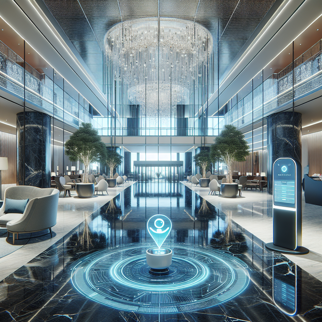 AI chatbot interface in a modern hotel lobby, depicting the blend of technology and luxury hospitality.