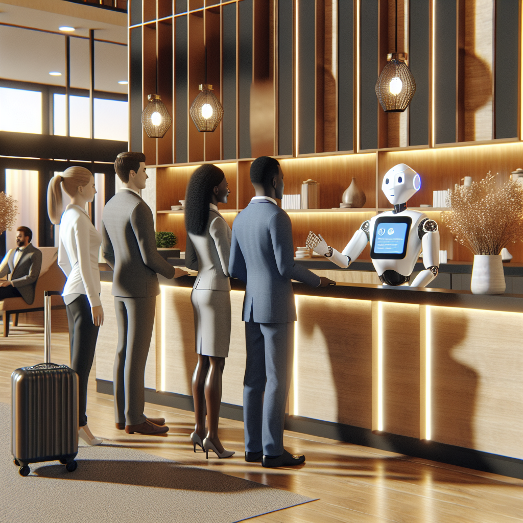 A realistic hotel lobby with guests talking to an AI robotic chatbot concierge.