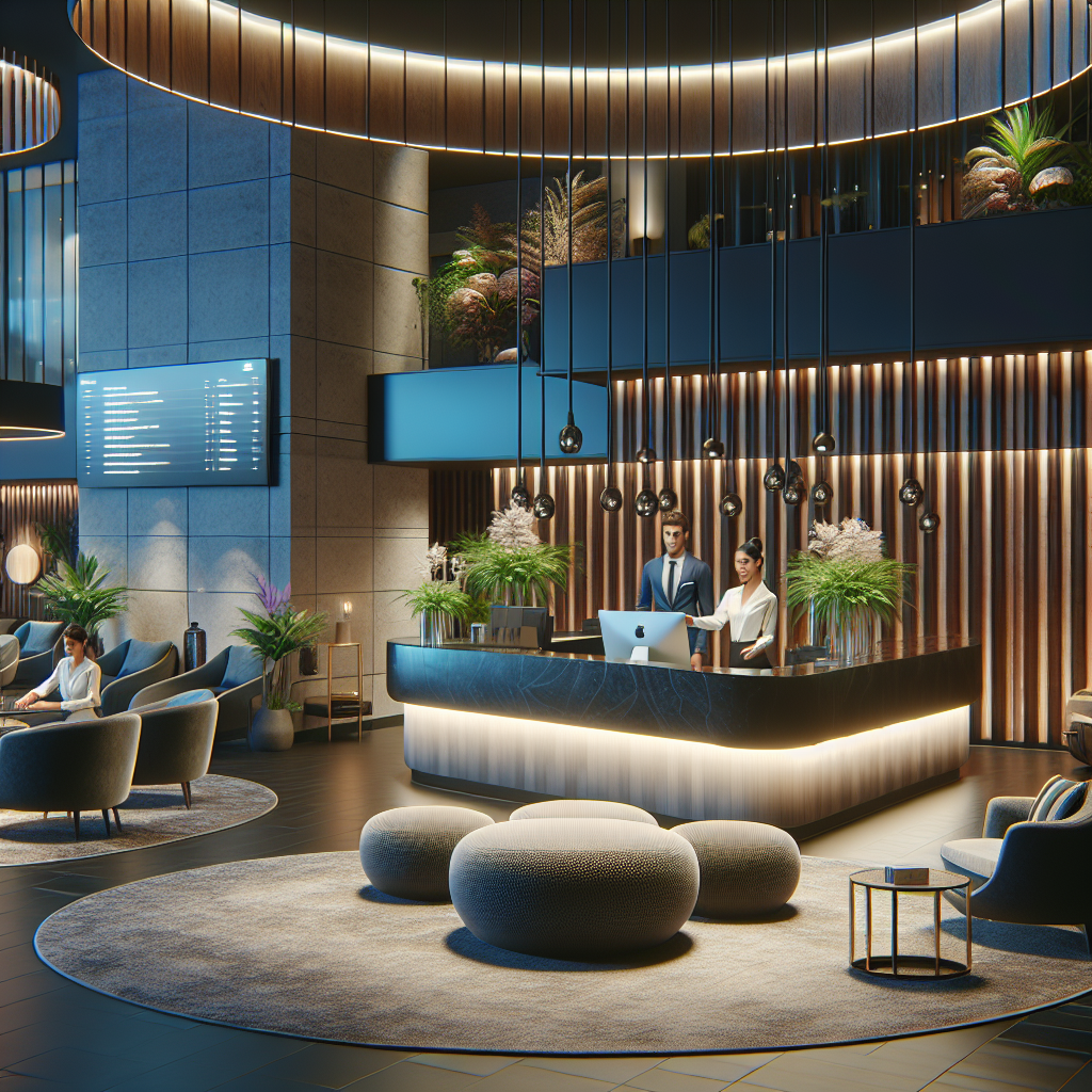 Realistic image of a modern and luxurious hotel lobby.