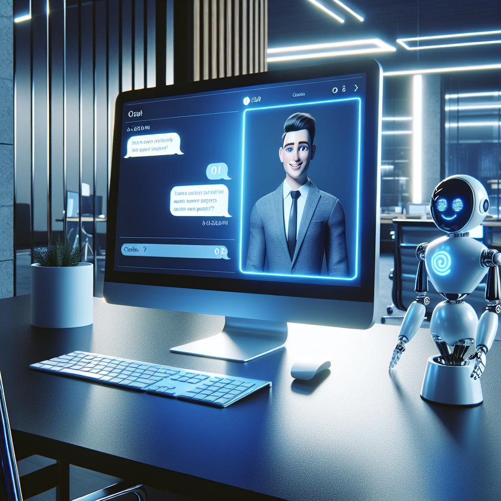 An AI chatbot as a virtual assistant on a computer screen in a modern office setup providing helpdesk support.