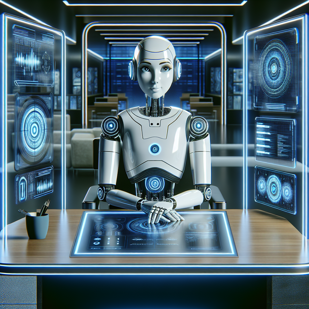 Realistic image of an AI chatbot at a futuristic desk, echoing the style of 'learnaiwithkesse.com'.