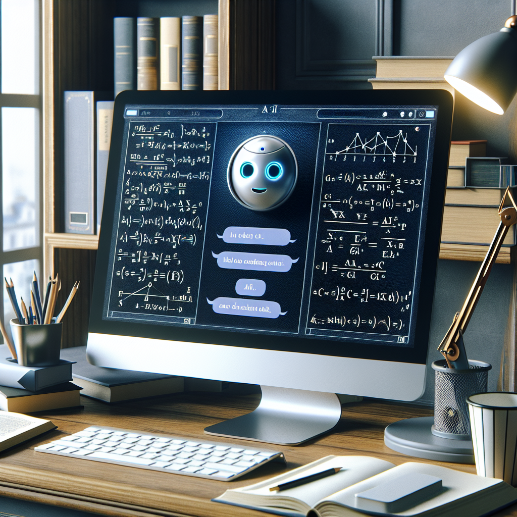 An AI chatbot discussing mathematics on a computer screen in a realistic office setting.