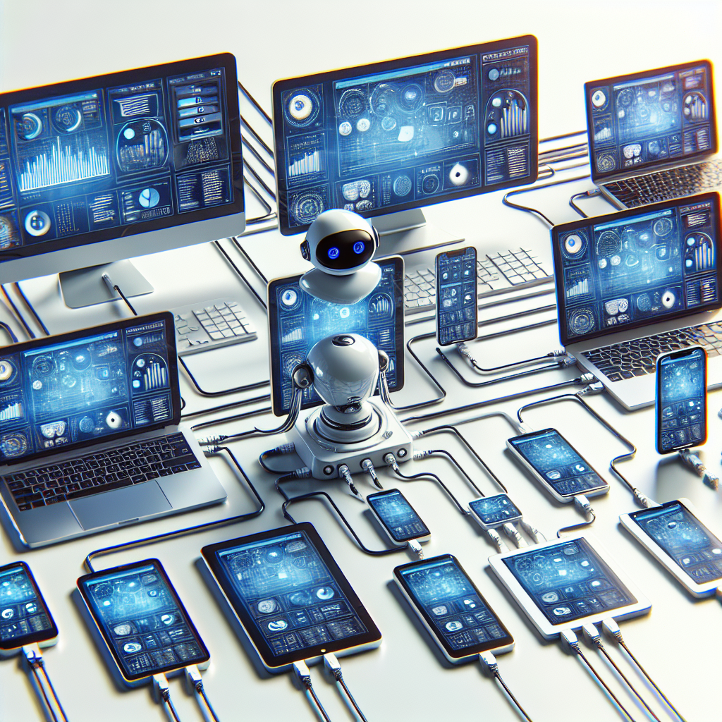 A realistic image of various devices interconnected through a chatbot interface, displaying different data metrics.