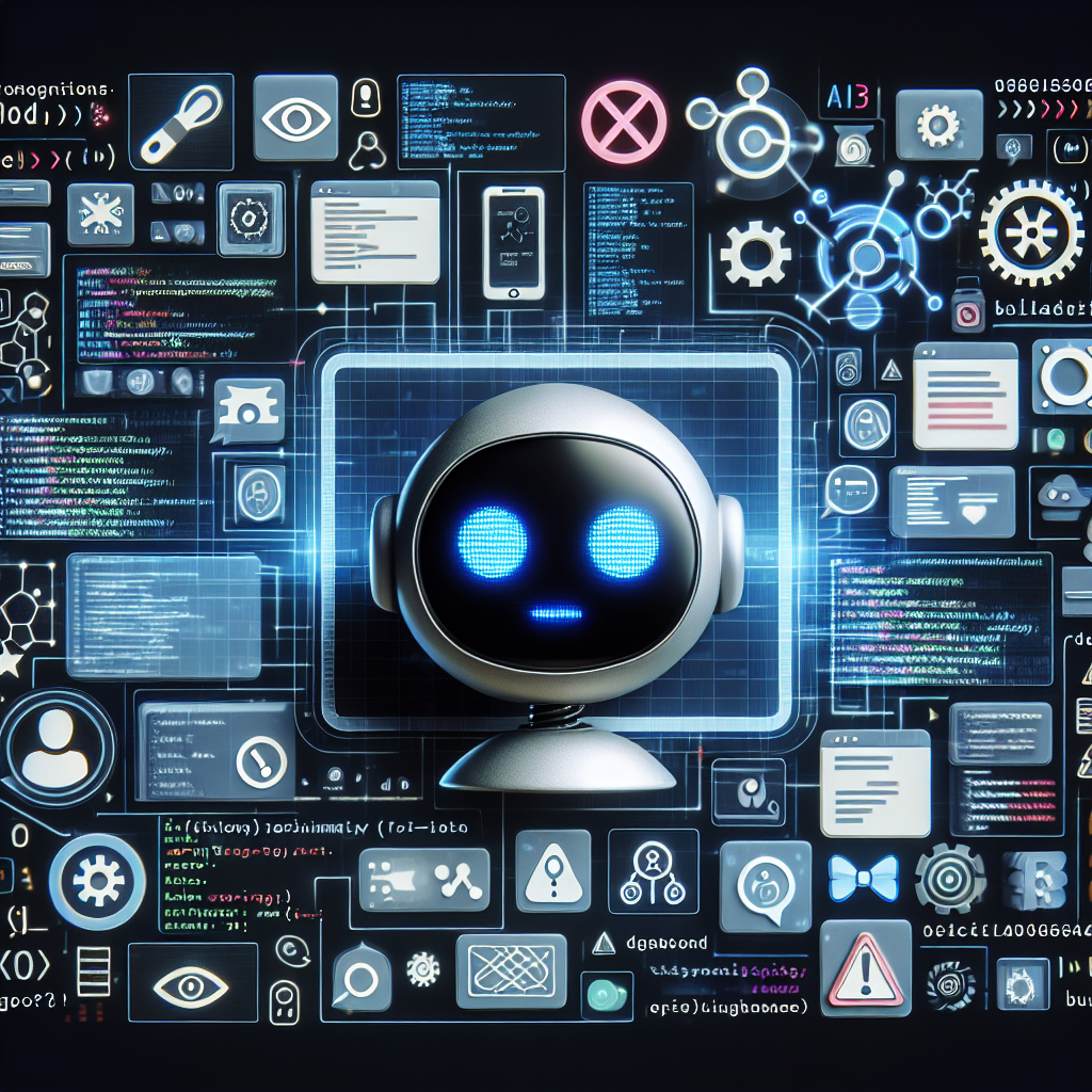 A realistic AI chatbot on a digital screen surrounded by code and icons highlighting issues.