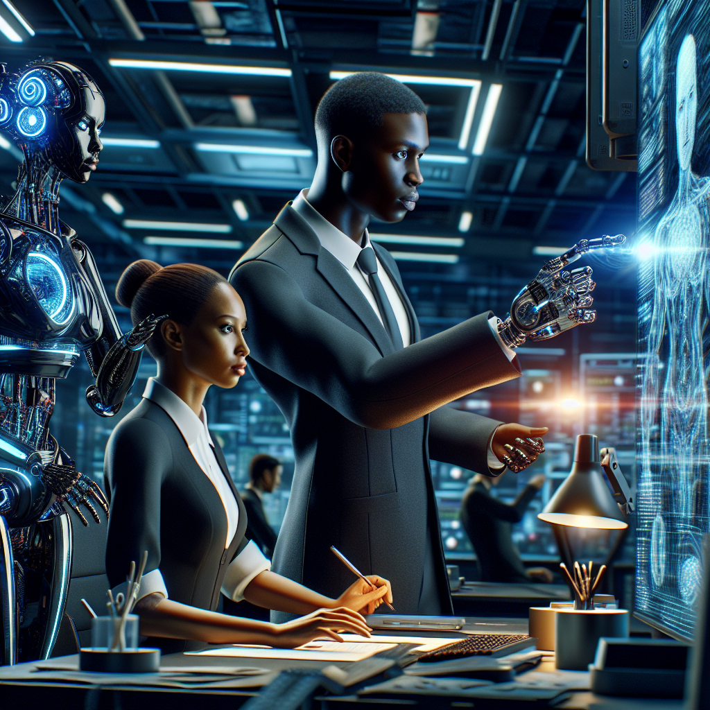 Image showing AI and human working together in a futuristic office.