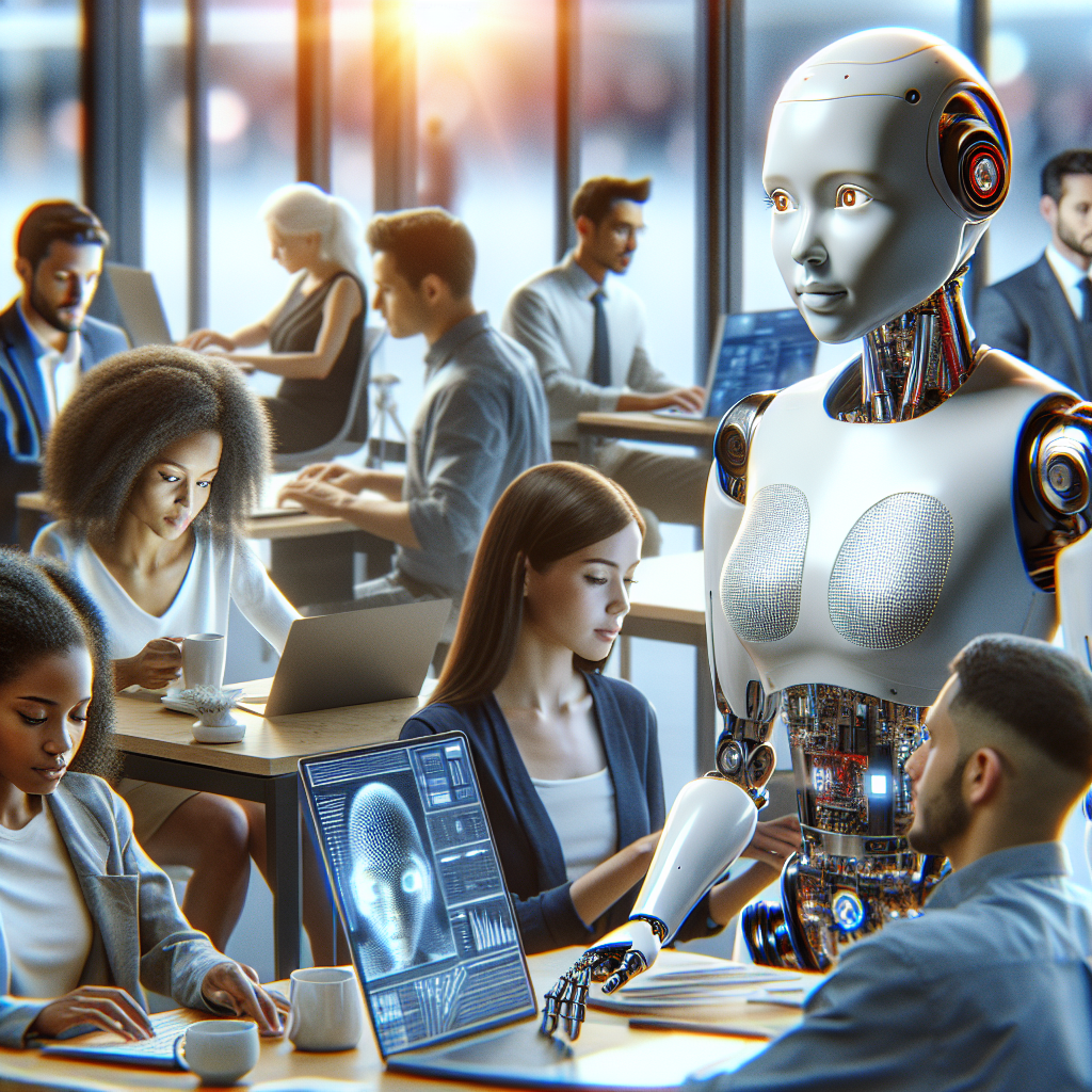 A realistic depiction of a humanoid robot interacting with humans in a modern office.