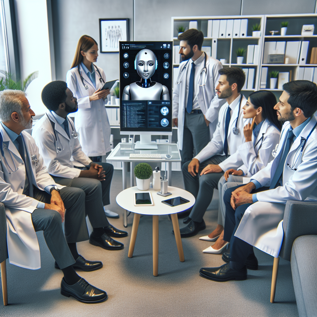 Physicians interacting with an AI chatbot in a modern medical office.