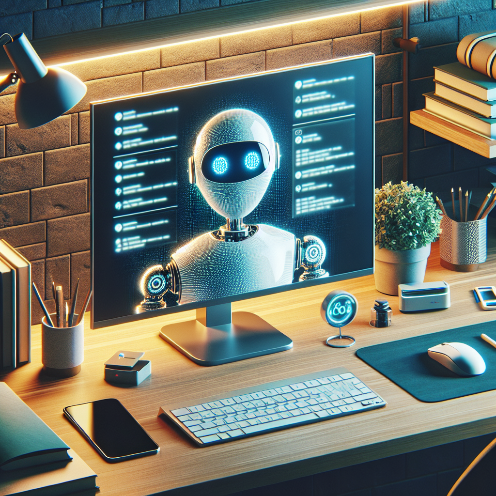 A realistic depiction of an AI chatbot introduction on a computer screen with a modern desk setup.