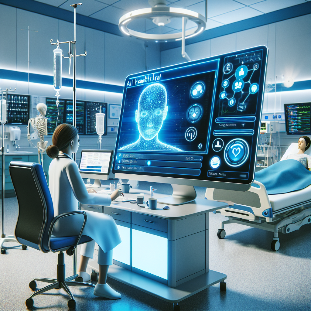 A realistic image of a healthcare professional interacting with an AI chatbot in a modern hospital room.