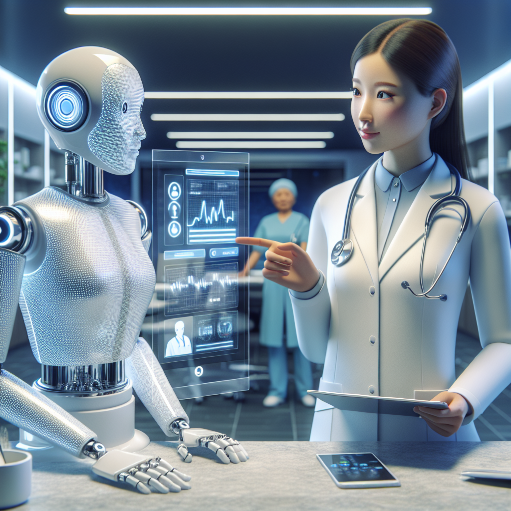 AI chatbot interacting with healthcare professional in modern clinic.