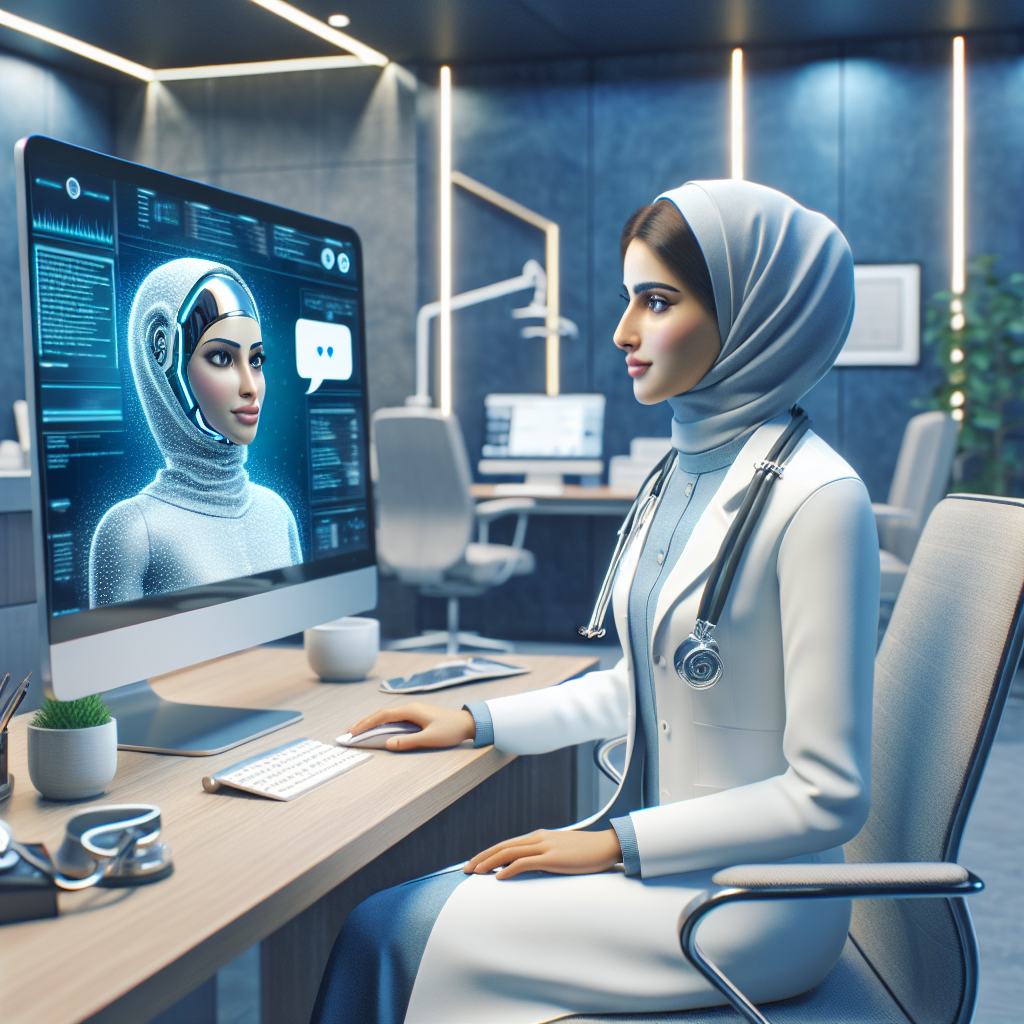 A physician interacts with a digital AI chatbot in a medical office.