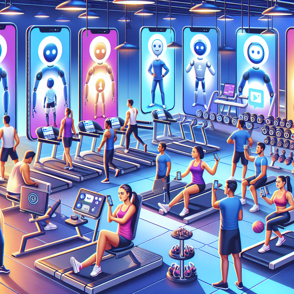 Realistic image of AI chatbots assisting in fitness training in a modern gym.