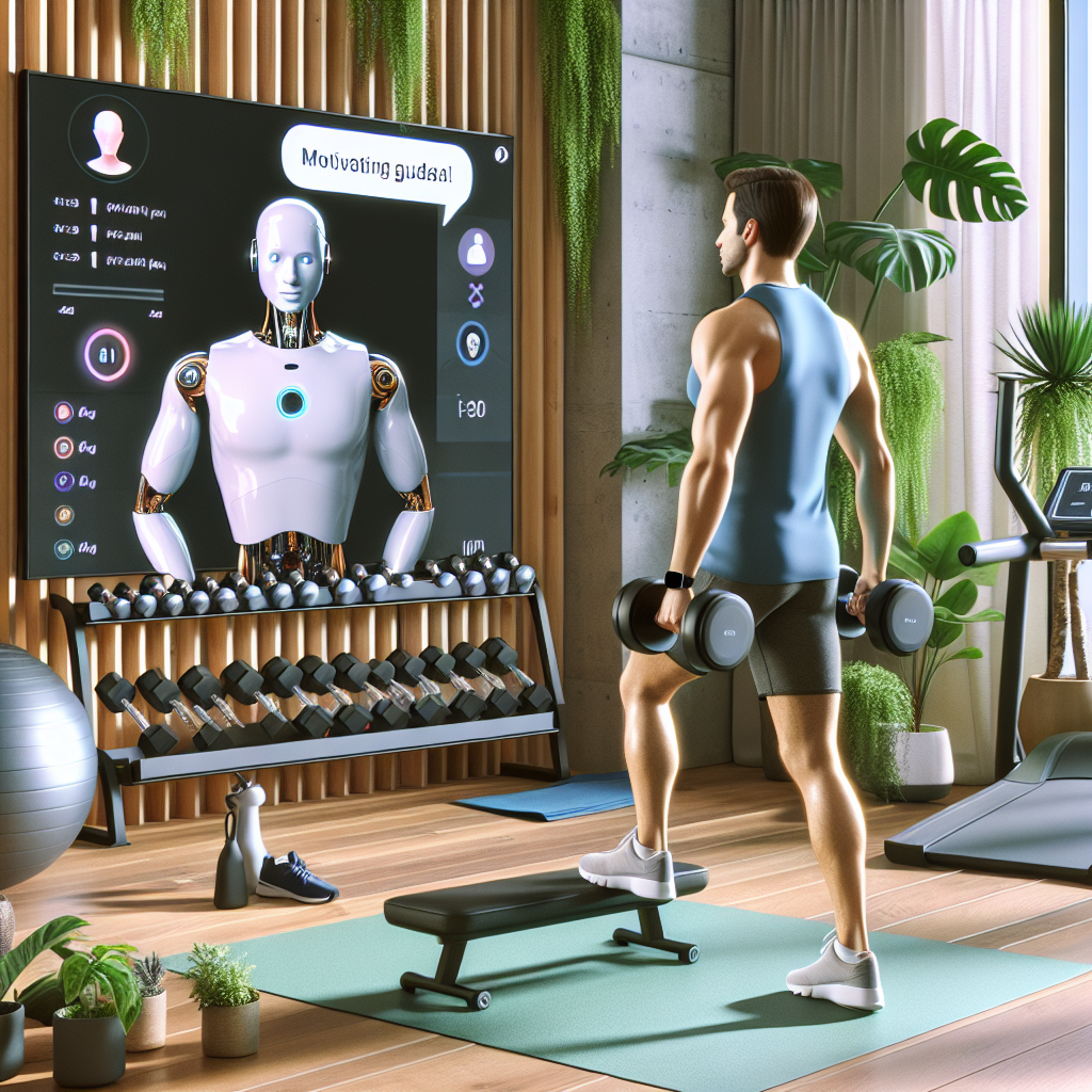 AI chatbot assisting a person in a home gym with their workout routine.