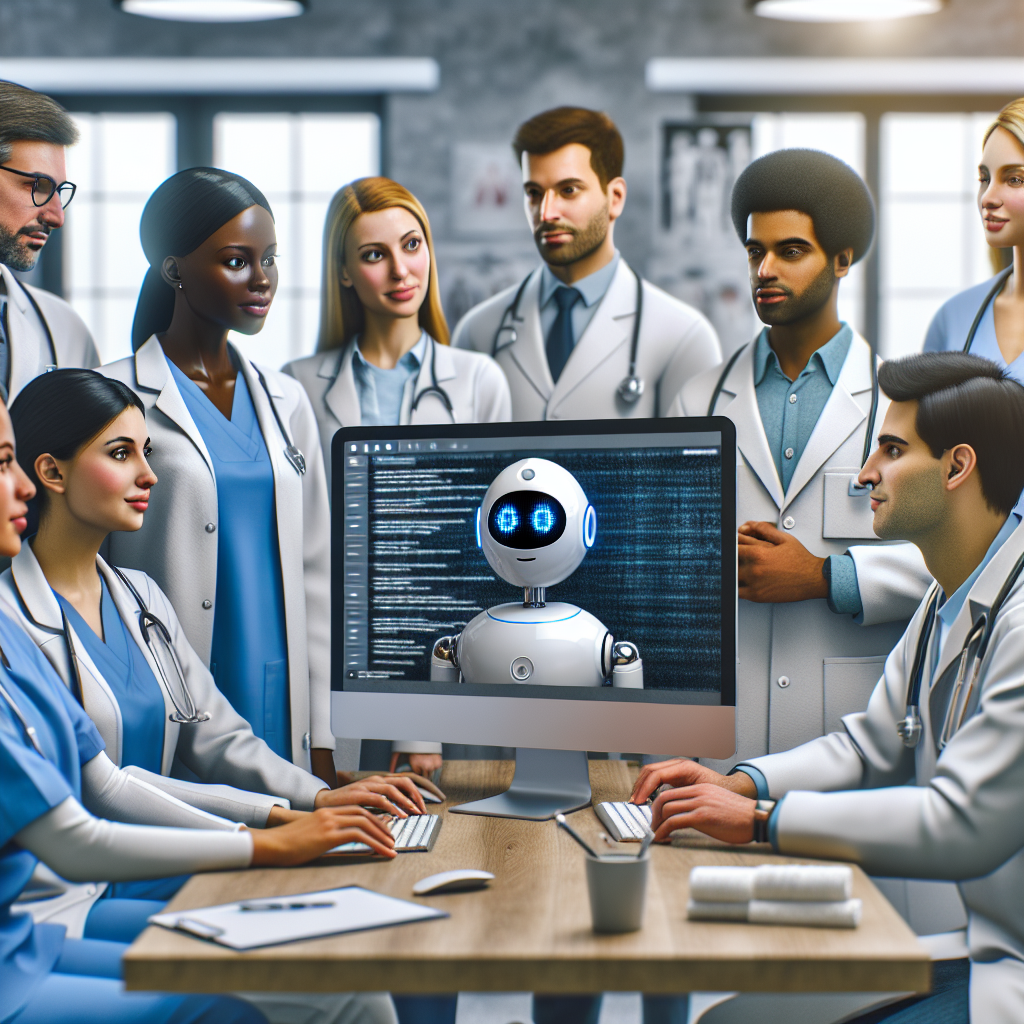 A realistic image of medical professionals interacting with an AI chatbot in a modern clinic.