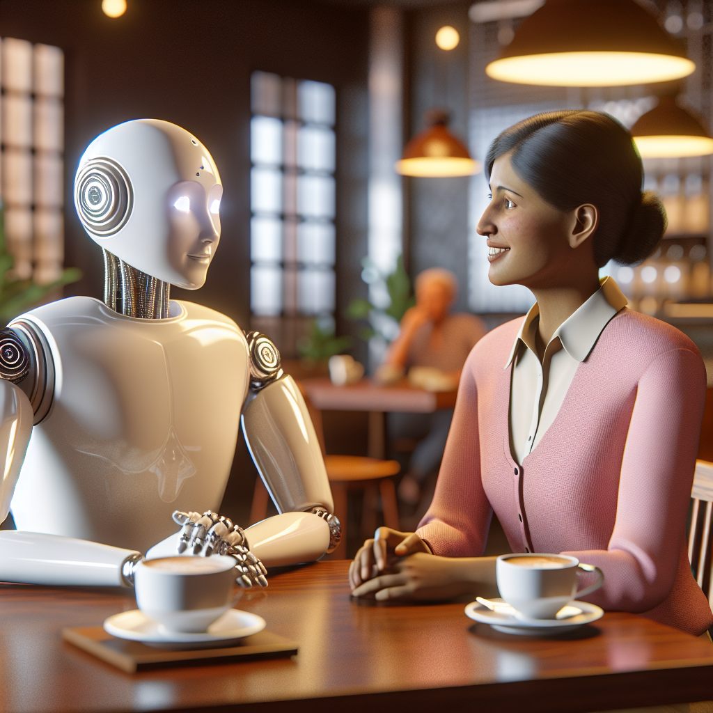 An AI chatbot engaging in a dating conversation with a person in a cozy cafe.