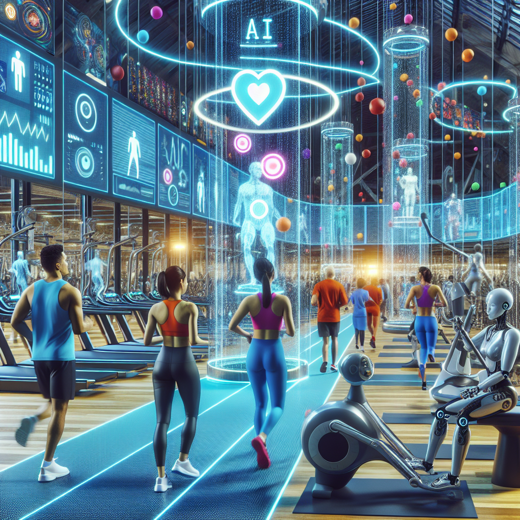 A realistic illustration of a futuristic gym with AI-driven fitness solutions.