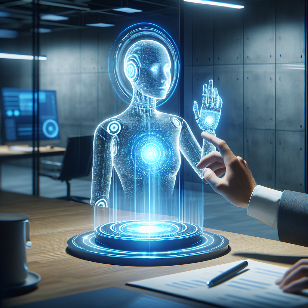 Realistic depiction of an AI chatbot introduction with an advanced AI hologram interacting with a user in a modern office.