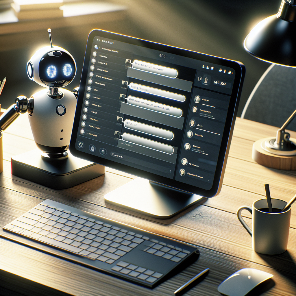 A realistic depiction of an AI chatbot interface on a modern device screen, set on a contemporary desk space with tech accessories.