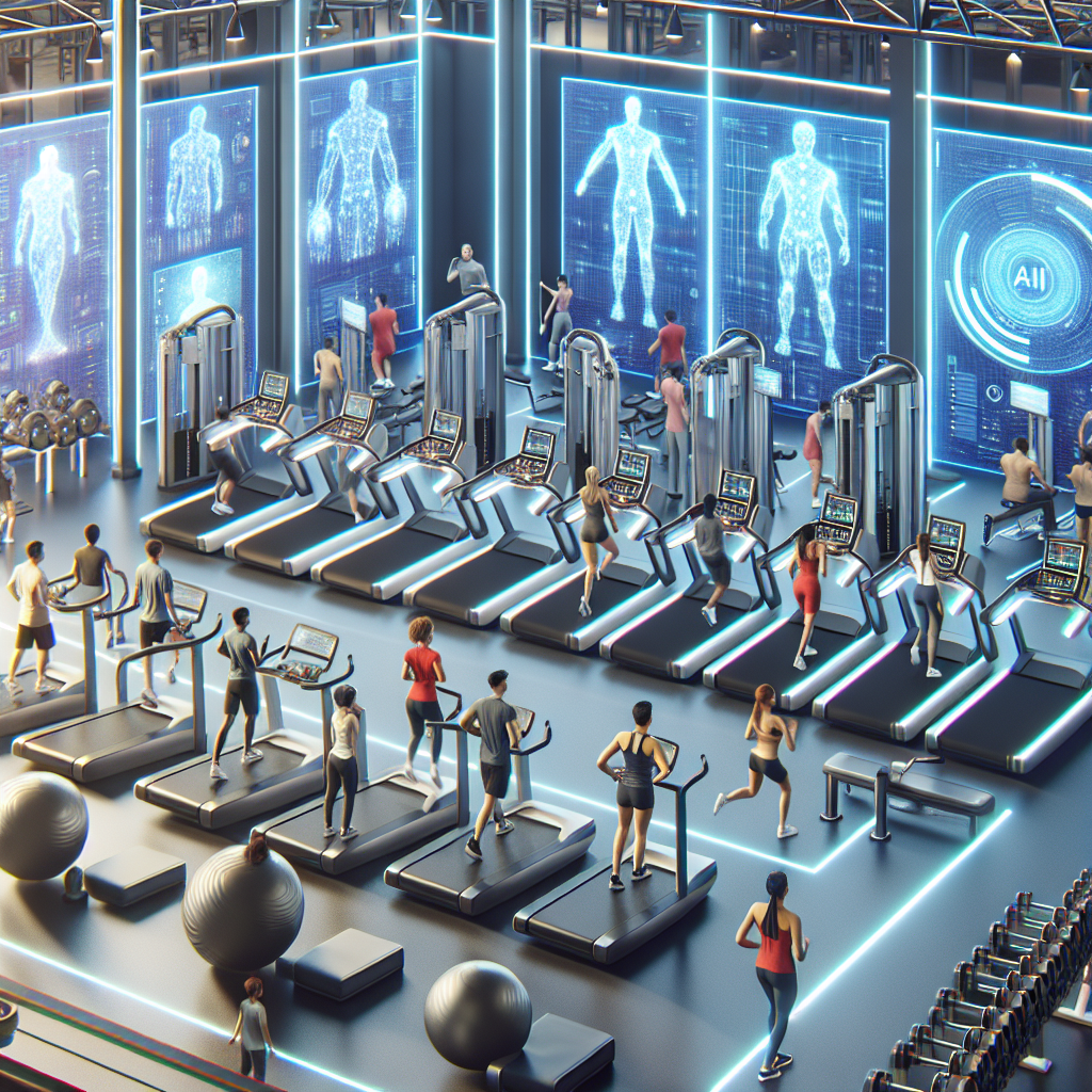 Modern gym with advanced AI-powered fitness equipment and people working out.