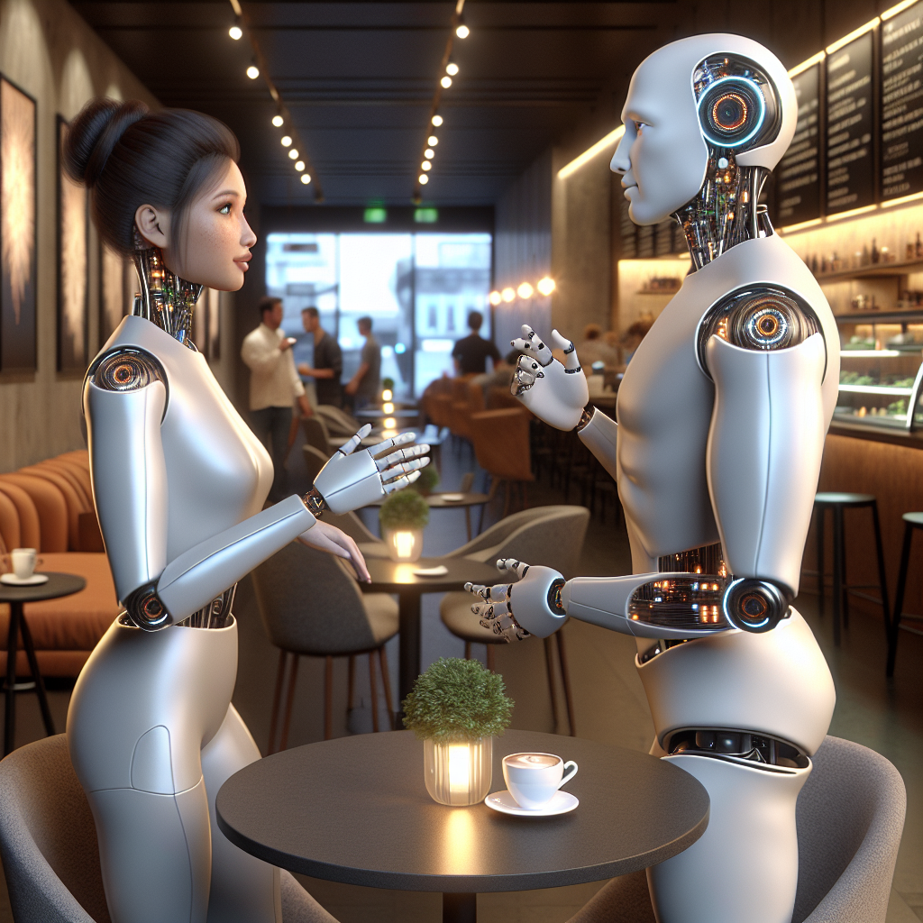 AI chatbots interacting in a dating scenario in a modern café.
