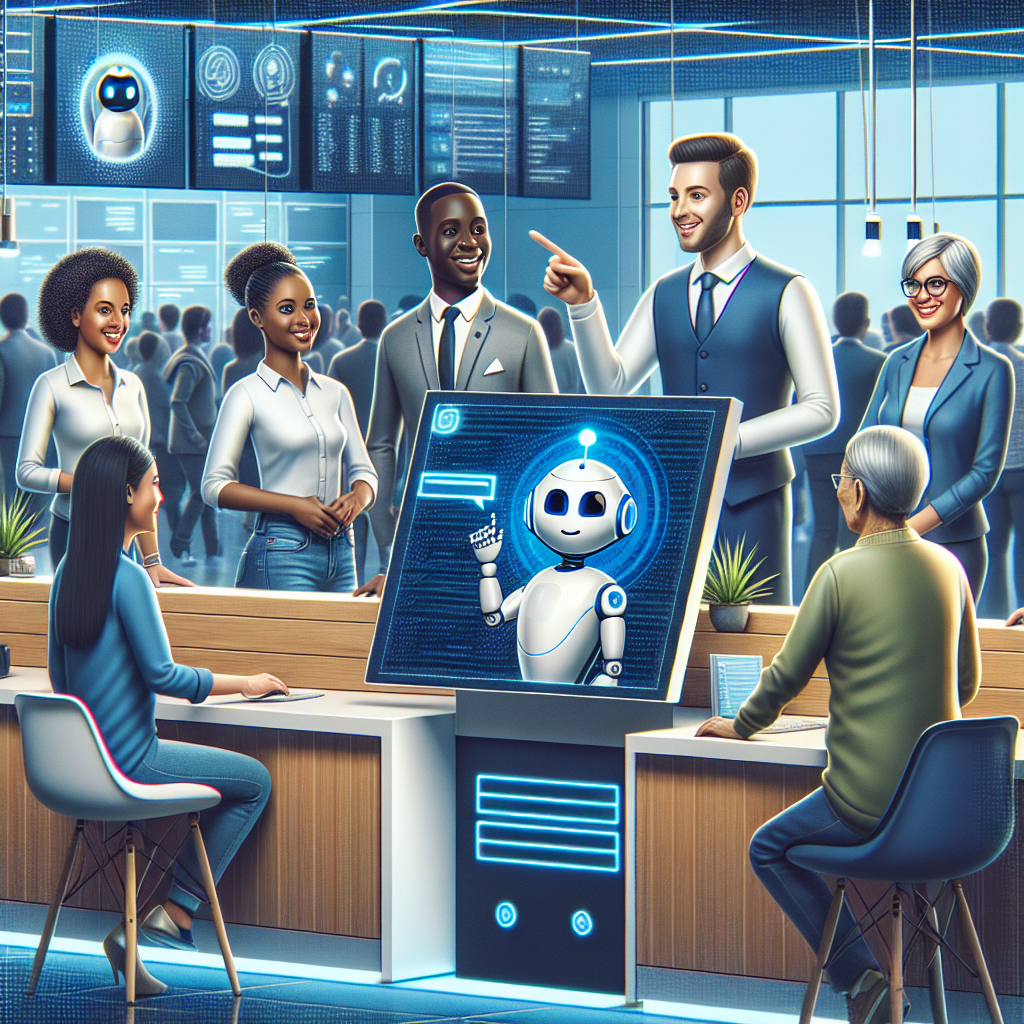 An AI chatbot assisting people at a helpdesk in a realistic, modern setting.