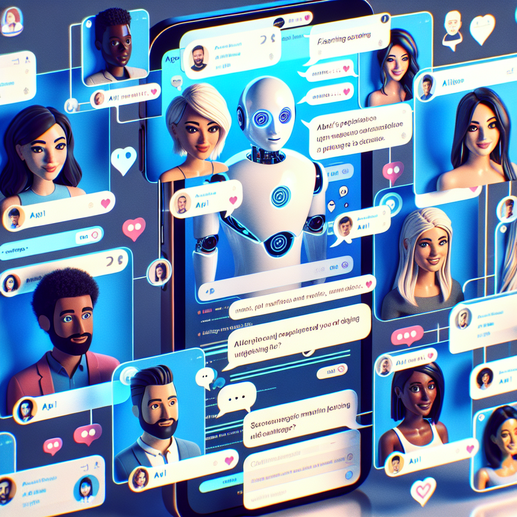 A realistic depiction of AI chatbots in a dating app interface, engaging in conversation.