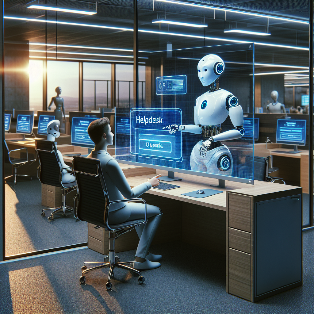 A realistic AI chatbot helpdesk in a modern office, with human-like robots interacting with users.