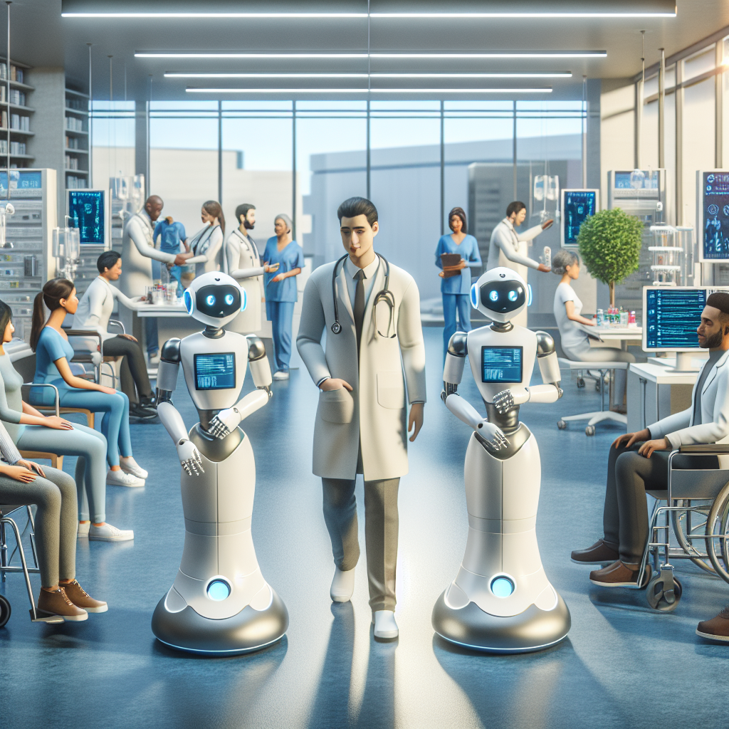 A group of realistic AI chatbots interacting with patients and medical professionals in a healthcare setting.