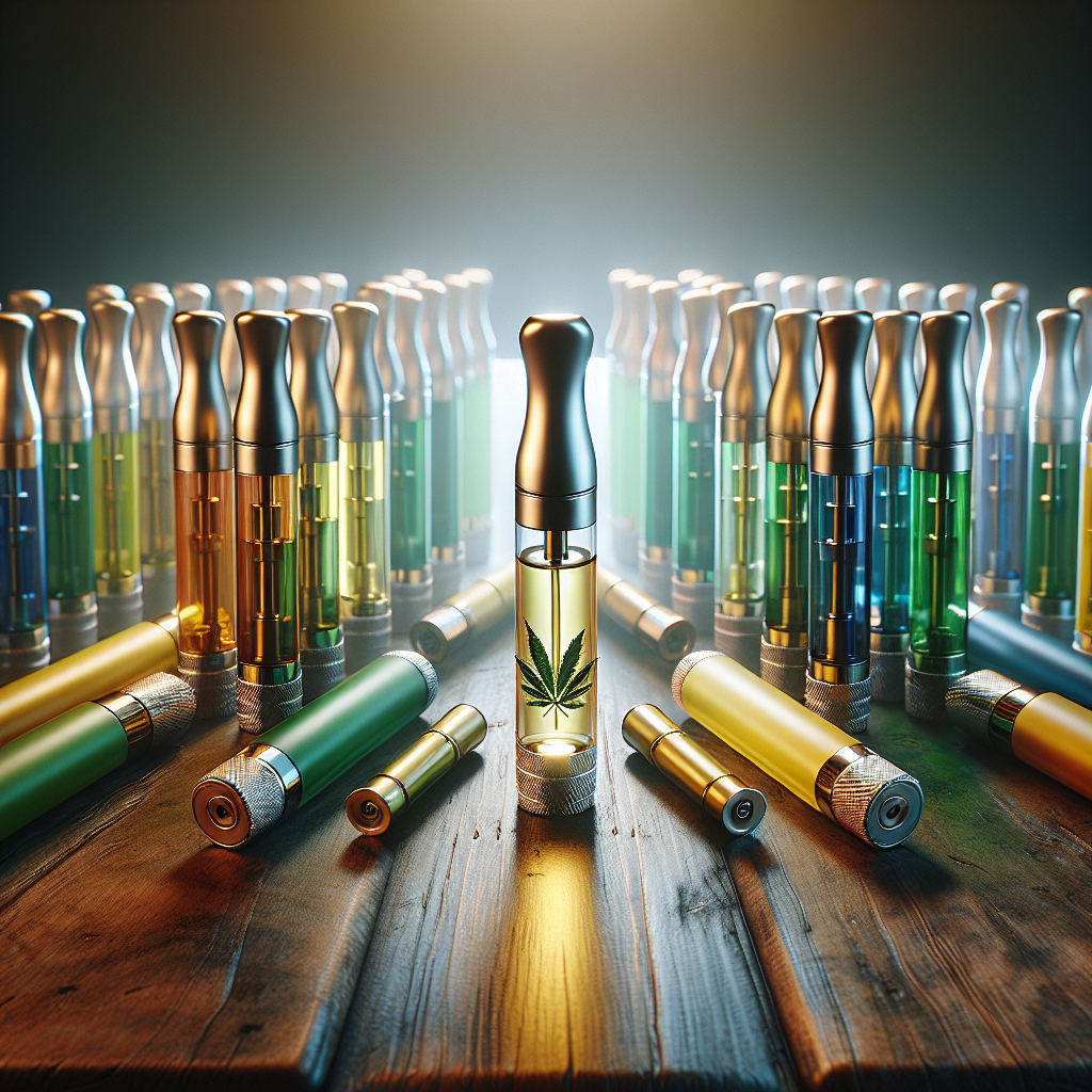 Assort pointing of various colored hemp vape cartridges on a wooden surface with soft lighting, focusing on the details of a clear cartridge filled with golden oil.