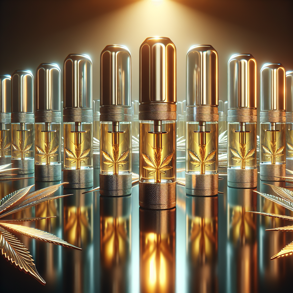 Realistic image of several high-end hemp vape cartridges on a modern, reflective surface with ambient lighting, representing a premium marketplace.