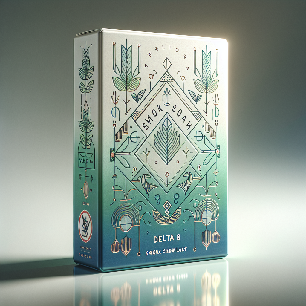 Realistic image of an innovative Delta 8 vape packaging by Smoke Show Labs on a white background with green and blue gradients and child-resistant features.