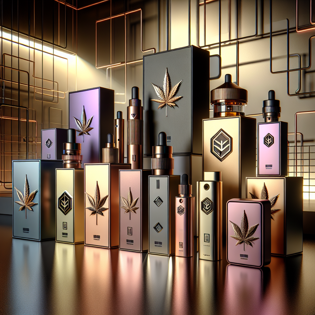 Various Delta-8 THC vape product packaging designs with metallic finishes and embossed logos on a modern background.