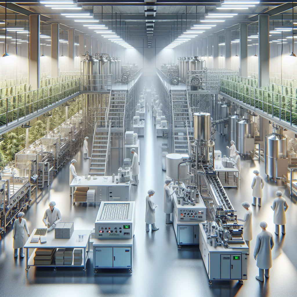 Interior of a modern hemp co-packing manufacturing facility with machinery and staff.