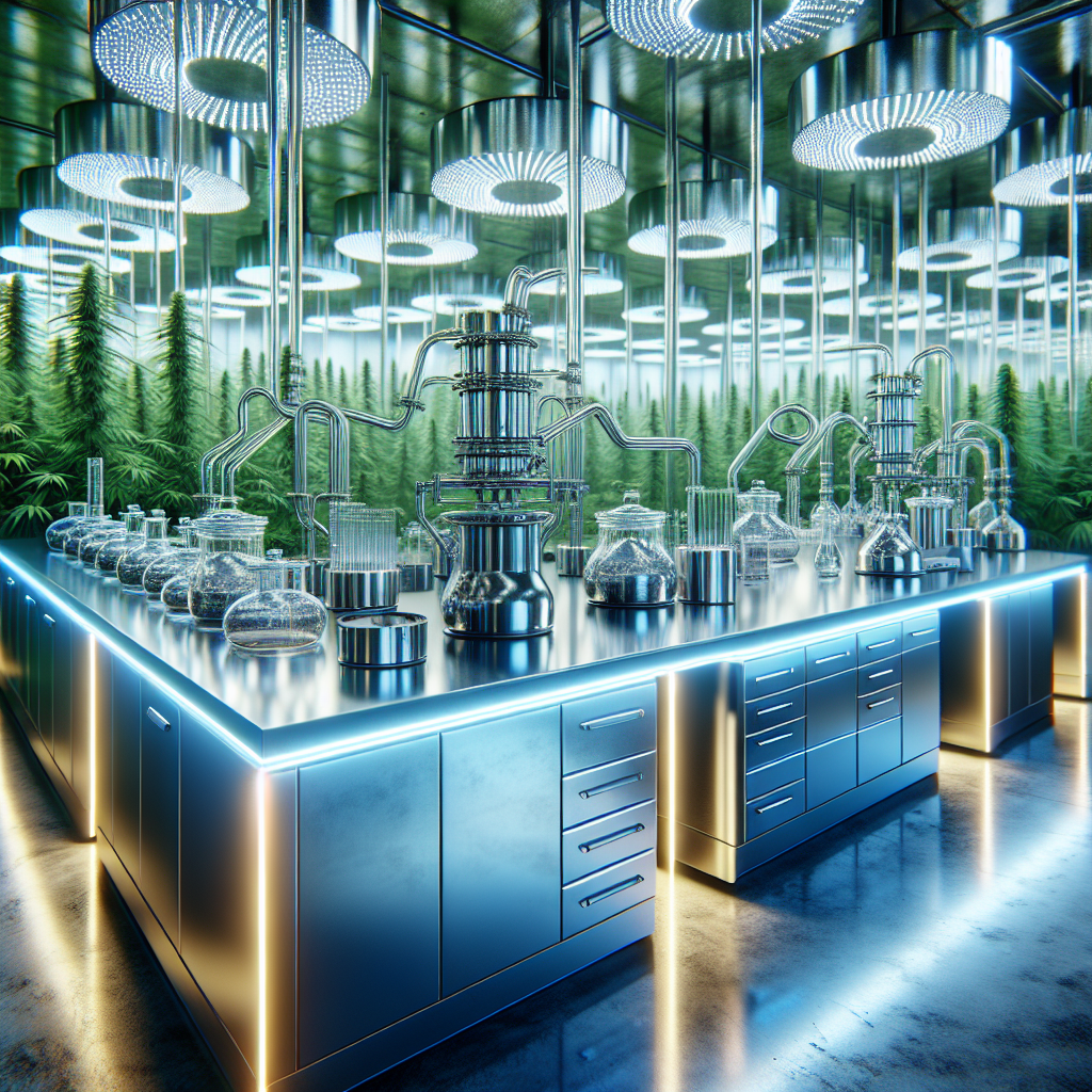 Interior of a modern hemp product manufacturing laboratory with advanced technological equipment and green hemp plants.