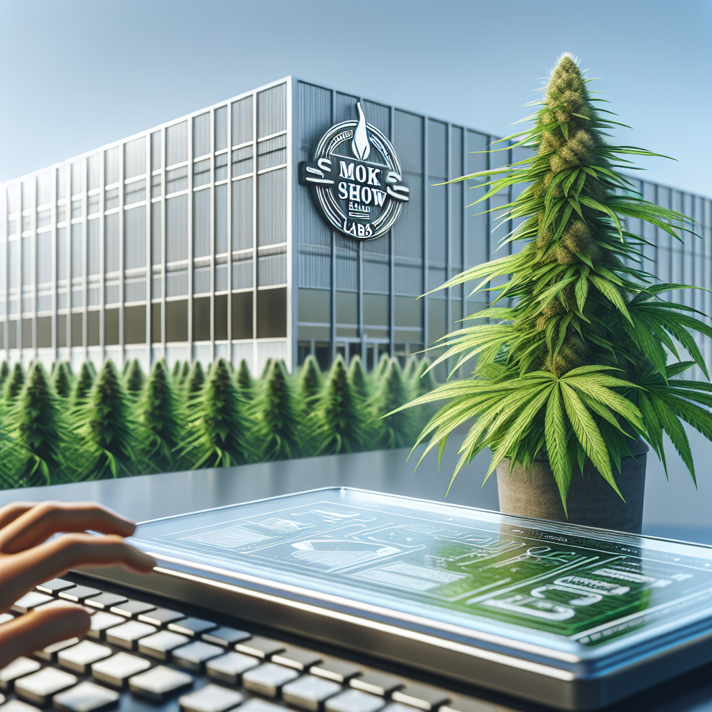 A lush hemp plant in the foreground with a blurred modern hemp manufacturing facility in the background, highlighted by natural daylight.