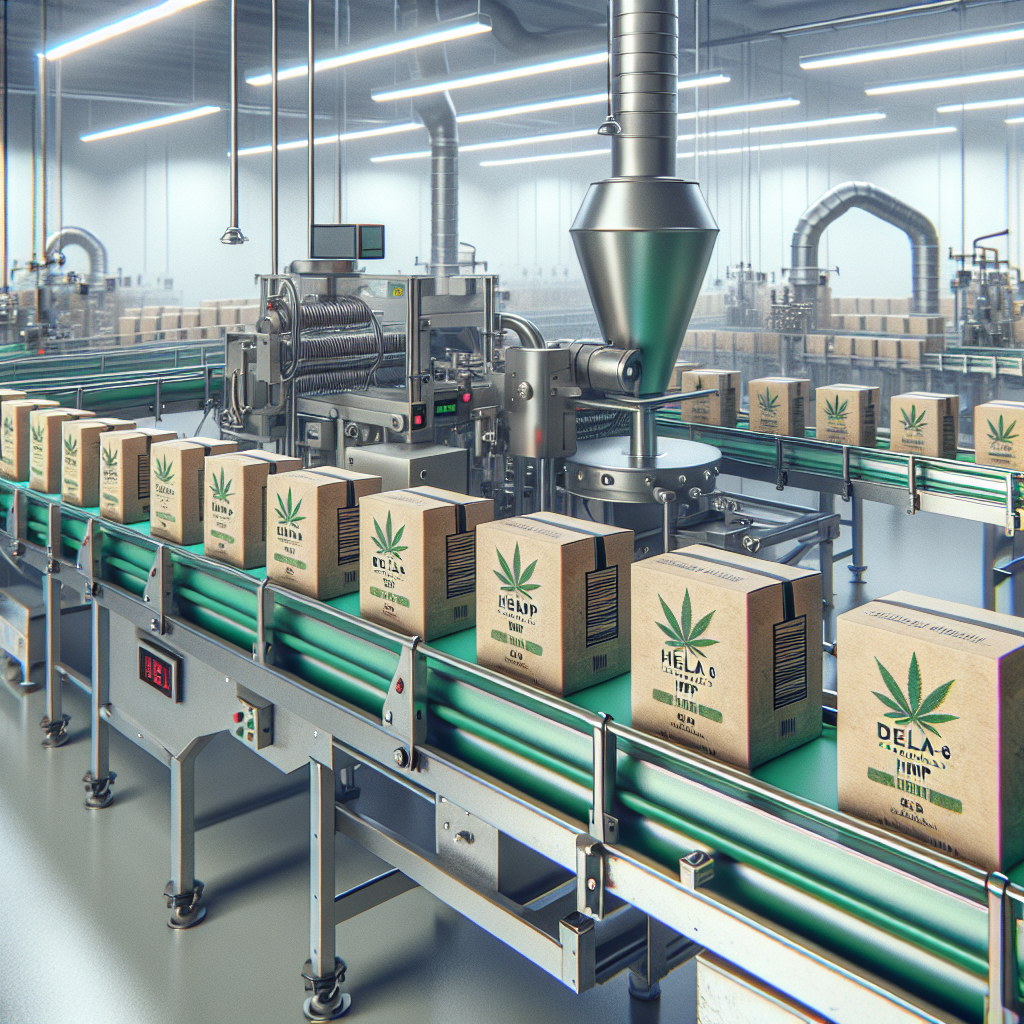 Interior view of a modern, clean hemp co-packing facility with a conveyor belt carrying Delta-8 hemp vape products, emphasizing efficiency and the growth of the hemp industry.