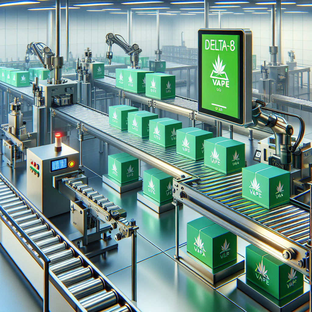 An advanced, realistic production line for Delta-8 vape products, highlighting efficiency and technology in the hemp industry, with no text or logos.