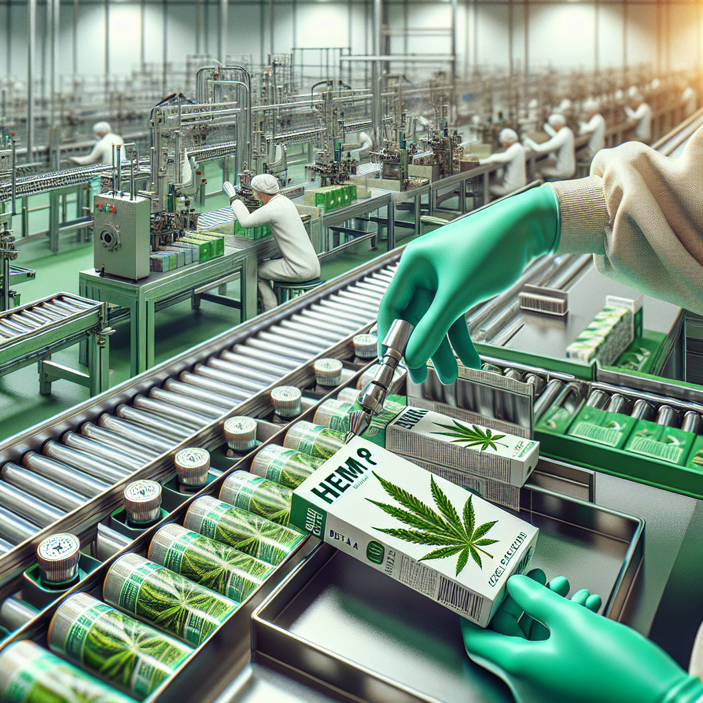 A worker's gloved hands assembling Delta-8 vape products in a modern hemp co-packing facility, with machinery in the background and a focus on cleanliness and efficiency.