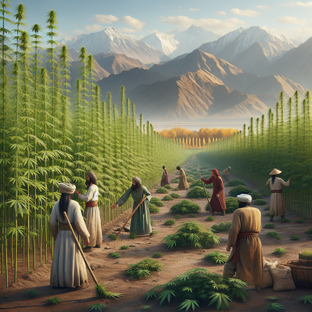 Realistic depiction of an ancient hemp field in Central Asia with farmers in traditional attire.