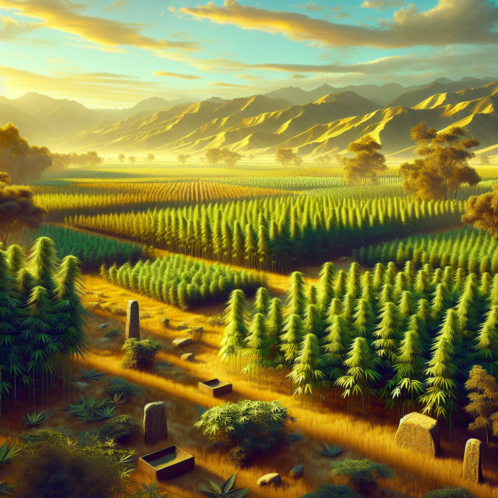 Realistic image of hemp fields in Central Asia with historical elements and vibrant green plants