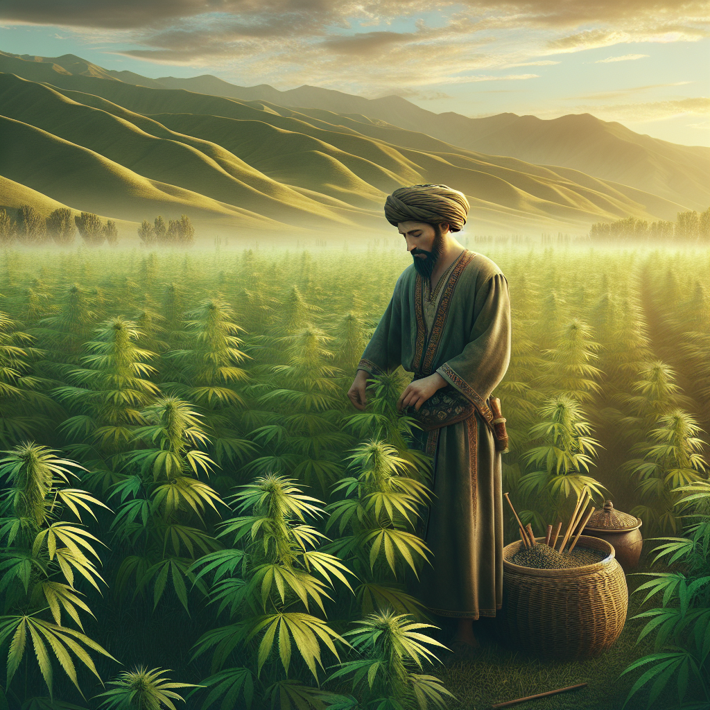 A realistic depiction of ancient hemp cultivation with a Central Asian farmer in a verdant field.