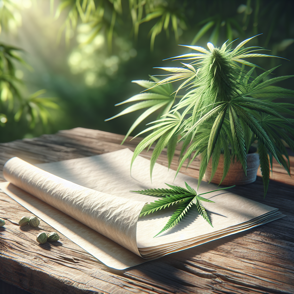 Hemp paper next to a hemp plant on a rustic wooden table with greenery in the background.