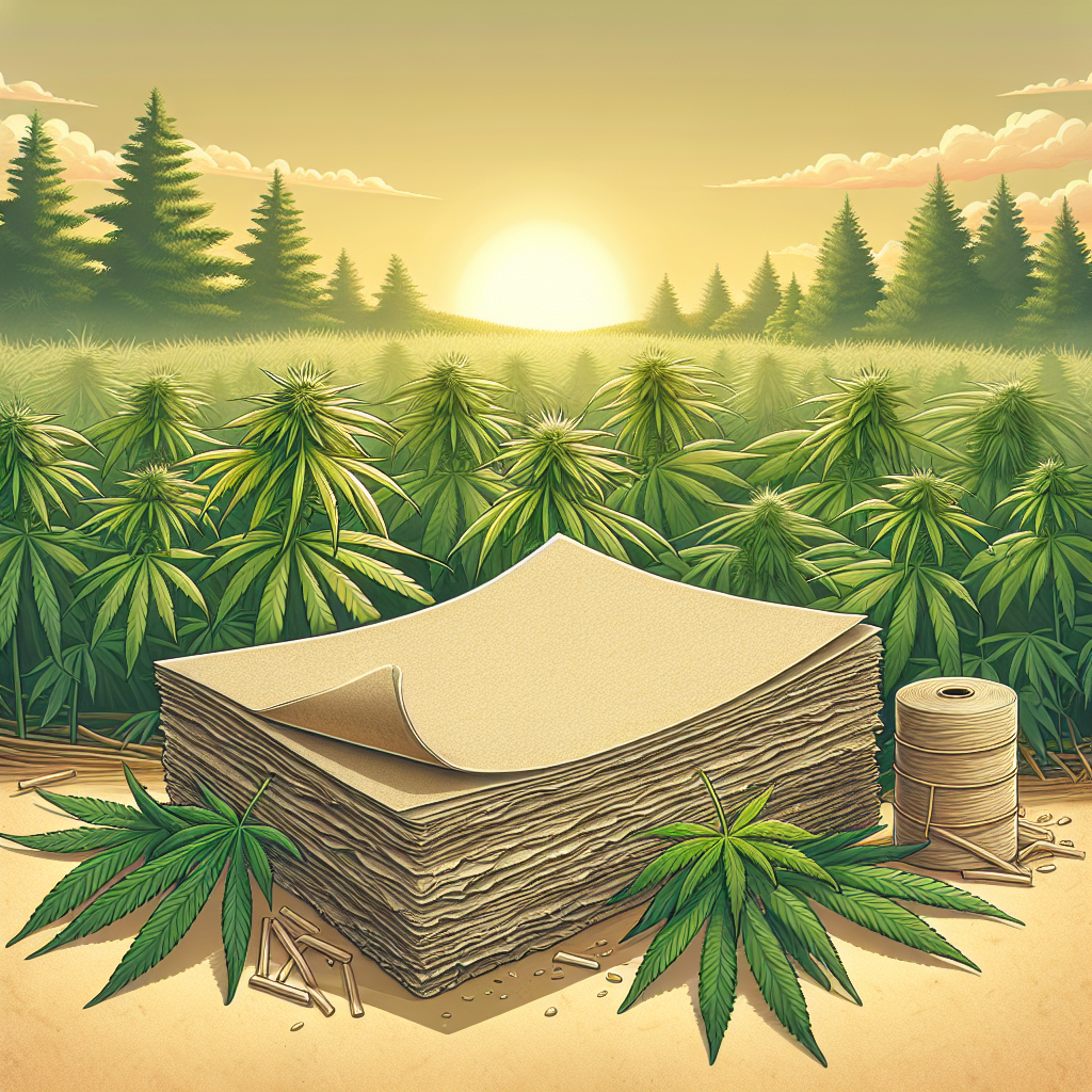 Realistic depiction of hemp paper production highlighting eco-friendly hemp plants and beige-colored paper sheets.