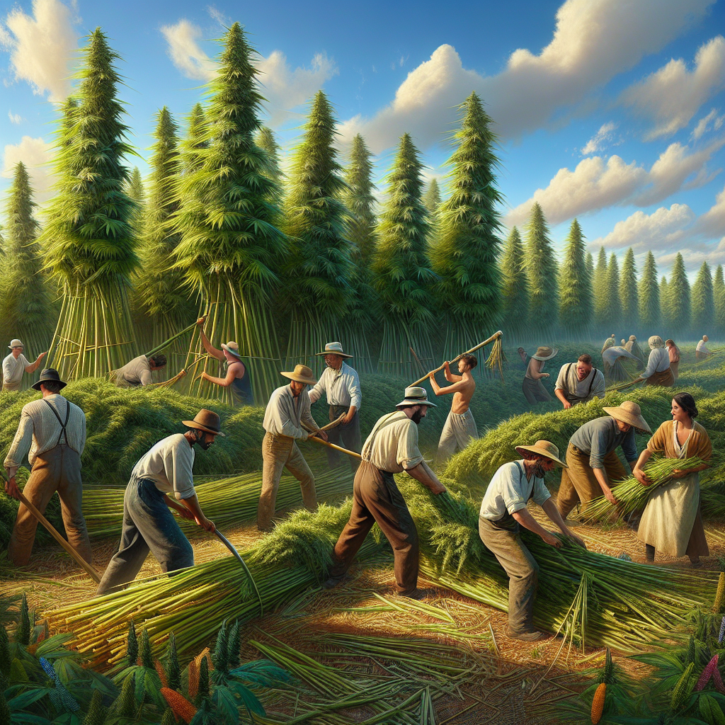 Hemp paper production showing hemp stalks being harvested in a green field under bright daylight.